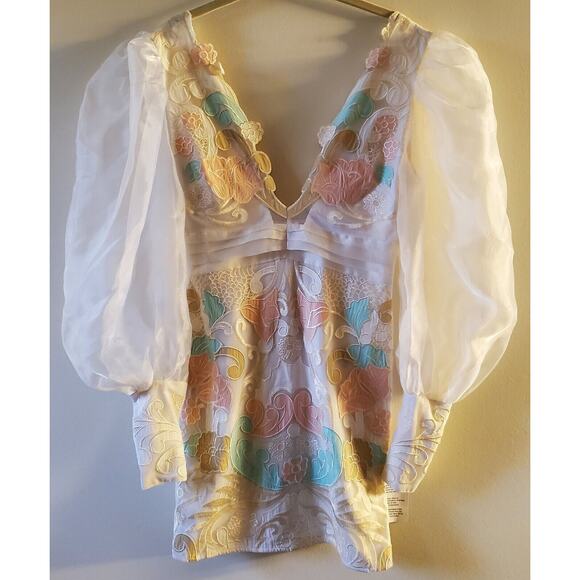 ASOS Mini Dress White Size 2 Pastel Applique Sheer Sleeve Satin Party Prom Club - Picture 1 of 16